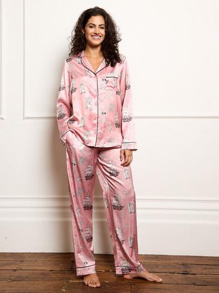 Their Nibs Sailor Tattoo Satin Button Down Long Pyjama Set, Pink, Pink