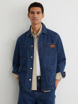 Reiss Dest Monogram Patch Relaxed Denim Overshirt, Blue, Blue