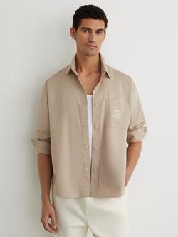 Reiss Elmore Monogram Embroidered Relaxed Overshirt, Light Stone, Light Stone