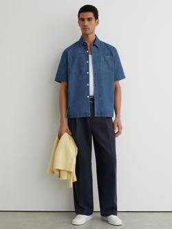 Reiss Mendel Monogram Embossed Relaxed Denim Shirt, Mid Blue, Mid Blue