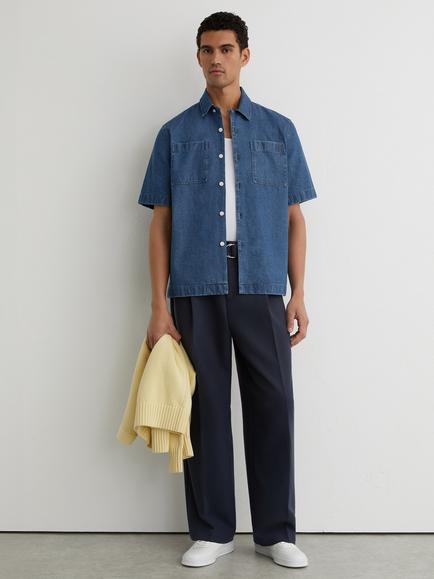 Reiss Mendel Monogram Embossed Relaxed Denim Shirt, Mid Blue, Mid Blue