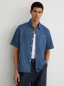 Reiss Mendel Monogram Embossed Relaxed Denim Shirt, Mid Blue - view 2, Mid Blue