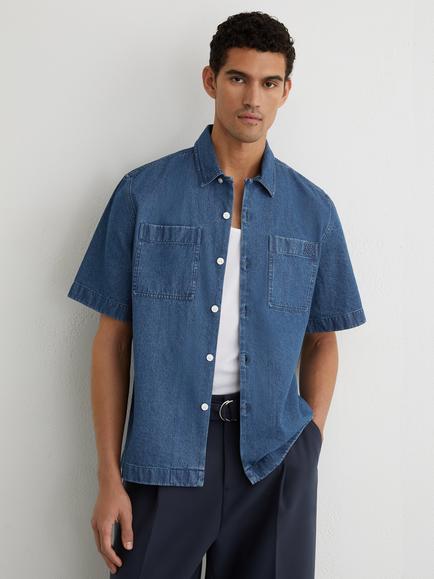 Reiss Mendel Monogram Embossed Relaxed Denim Shirt, Mid Blue - view 2, Mid Blue