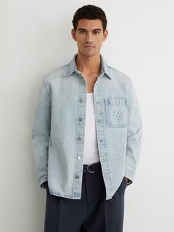 Reiss Randall Monogram Relaxed Washed Denim Overshirt, Light Blue, Light Blue