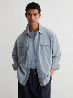 Reiss Suede Embossed Logo Shirt Jacket, Powder Blue, Powder Blue
