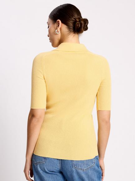 Albaray Button Neck Ribbed Top, Lemon - view 2, Lemon