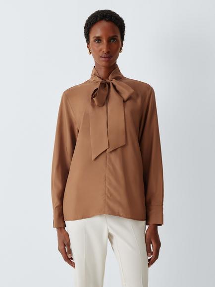 Marella MLSKABALA Pure Silk High Neck Blouse, Tobacco Brown, Tobacco Brown