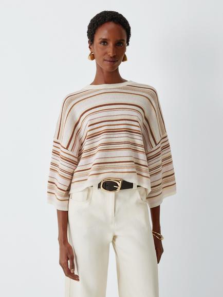 Marella MLLORDINE Pure Cashmere Round Neck Top, Pink Pinstripes, Pink Pinstripes