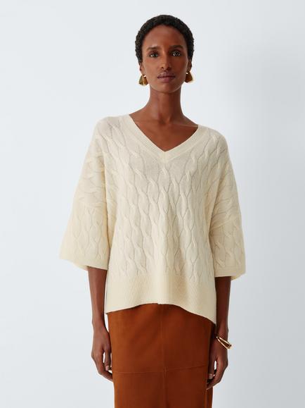 Marella MLSRADURA Wool Blend V-Neck Cable Knit Jumper, Cream, Cream