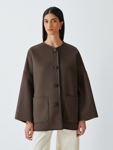 Marella MLSSATIRA Wool Blend Button Front Short Coat, Brown, Brown