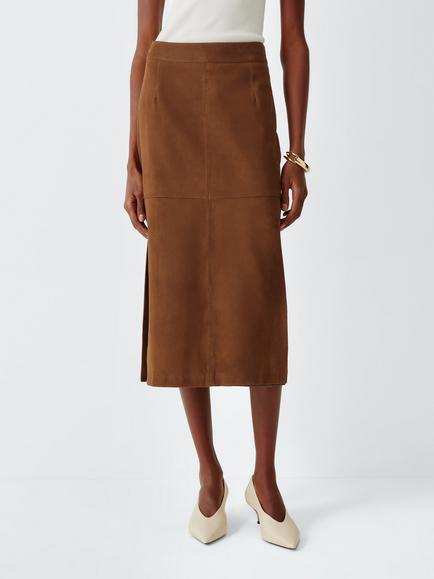Marella Mid Rise Leather Midi Skirt, Cognac, Cognac