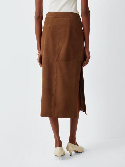 Marella Mid Rise Leather Midi Skirt, Cognac - view 2, Cognac