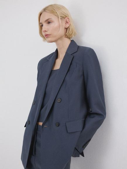 Mango Double Breasted Tailored Suit Blazer, Blue, Blue