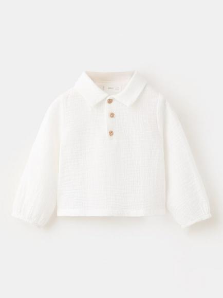 Mango Baby Cotton Long Sleeve Polo Shirt, Off White - view 2, Off White