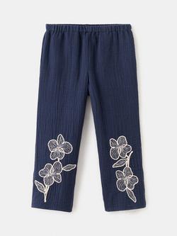 Mango Kids' Cotton Embroidered Trousers, Navy, Navy