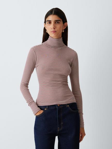 AND/OR Roll Neck Striped Cotton Jersey Knit Top, Burgundy, Burgundy