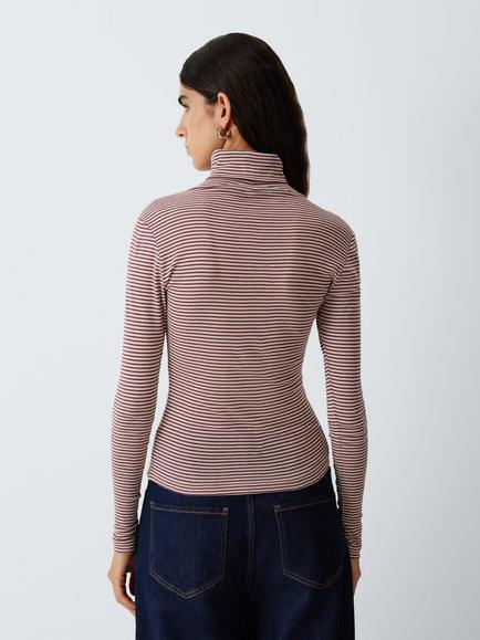 AND/OR Roll Neck Striped Cotton Jersey Knit Top, Burgundy - view 2, Burgundy