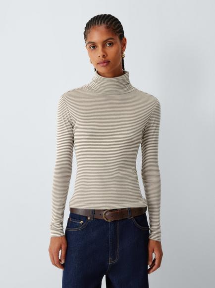 AND/OR Roll Neck Striped Cotton Jersey Knit Top, Brown, Brown
