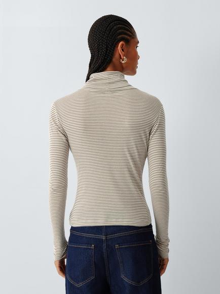 AND/OR Roll Neck Striped Cotton Jersey Knit Top, Brown - view 2, Brown