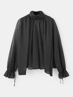 Mango High Neck Polka Dot Ruffle Top, Black, Black