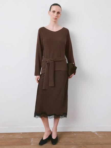 Mango Tie Waist Long Sleeve Knit Top, Chocolate, Chocolate