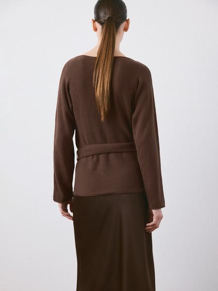Mango Tie Waist Long Sleeve Knit Top, Chocolate - view 2, Chocolate