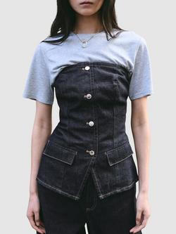 Mango Denim Corset Bodice Top, Blue, Blue