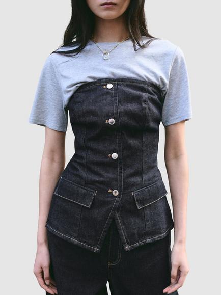 Mango Denim Corset Bodice Top, Blue, Blue