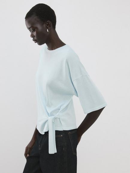 Mango Tie Hem Relaxed Knit Top, Sky Blue, Sky Blue