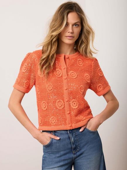 Mint Velvet Flower Crochet Top, Orange, Orange