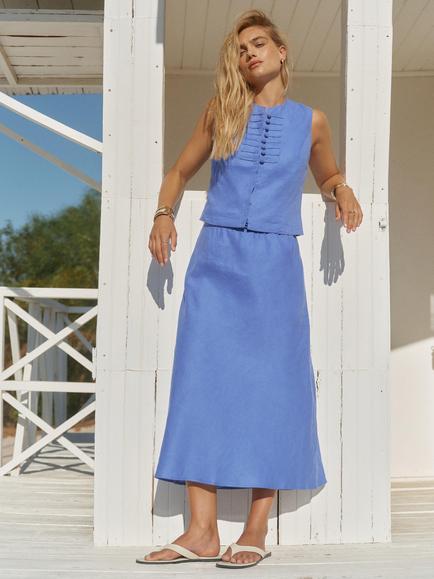 Mint Velvet Pure Linen Midi Skirt, Blue, Blue