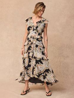 Mint Velvet Palm Print Ruffle Midi Dress, Black/Multi, Black/Multi