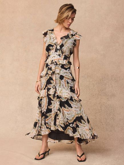 Mint Velvet Palm Print Ruffle Midi Dress, Black/Multi, Black/Multi