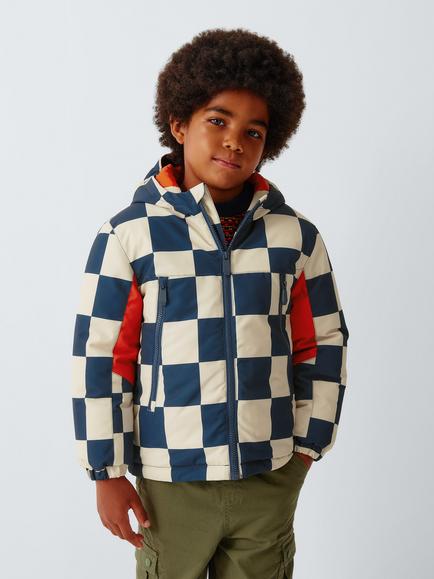 John Lewis Kids' Chequerboard Shower Resistant Jacket, Estate Blue/Pumpkin, Estate Blue/ Pumpkin
