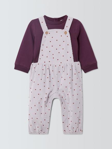 John Lewis Baby Polka Dot Corduroy Dungarees & Sweater Set, Lilac, Lilac