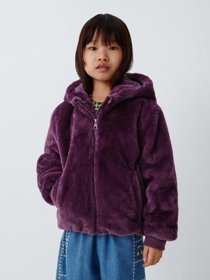 John Lewis Kids' Faux Fur Bomber Jacket, Plum, Red