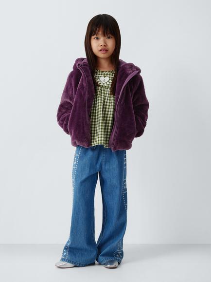John Lewis Kids' Faux Fur Bomber Jacket, Plum - view 2, Plum