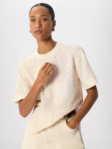 Whistles Textured Floral Cotton Round Neck T-Shirt, Ivory, Ivory