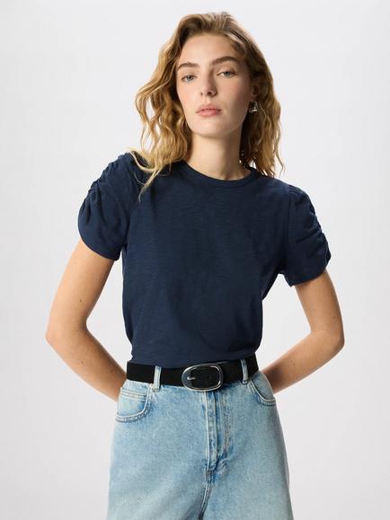 Whistles Ruched Short Sleeve V-Neck T-Shirt, Navy, Navy