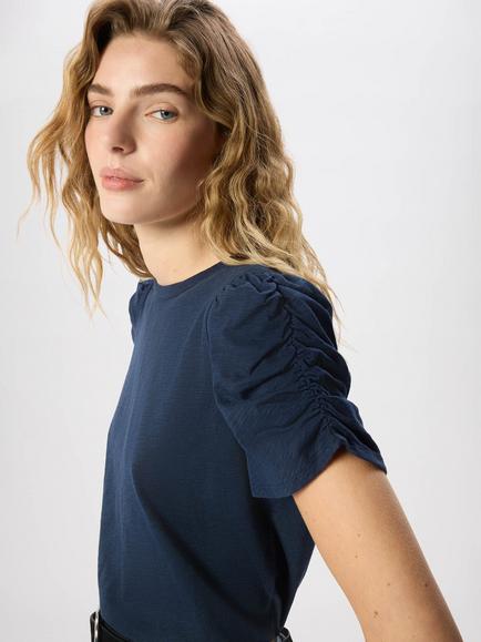 Whistles Ruched Short Sleeve V-Neck T-Shirt, Navy - view 2, Navy