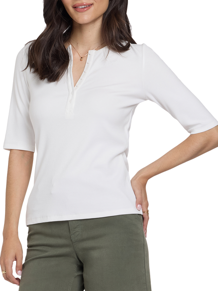 NYDJ Ribbed Elbow Sleeved Henley, Optic White