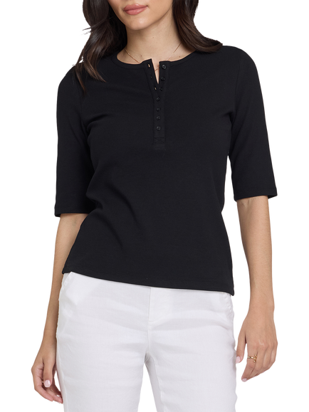 NYDJ Ribbed Elbow Sleeved Henley, Black