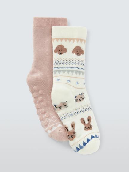 John Lewis Kids' Organic Cotton Rich Animal Slipper Socks, Pack of 2, Multi, Multi