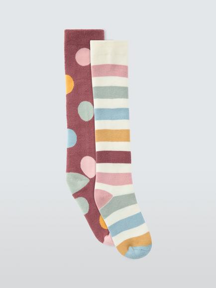 John Lewis Kids' Organic Cotton Rich Stripe & Spot Welly Socks, Pack of 2, Multi, Multi