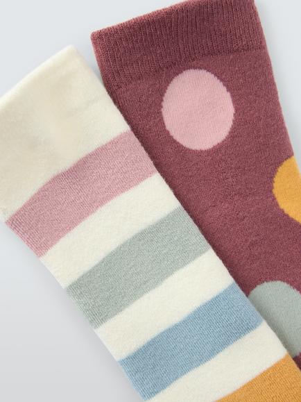 John Lewis Kids' Organic Cotton Rich Stripe & Spot Welly Socks, Pack of 2, Multi - view 2, Multi
