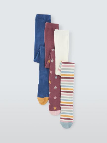 John Lewis Kids' Organic Cotton Rich Star Tights, Pack of 3, Multi, Multi