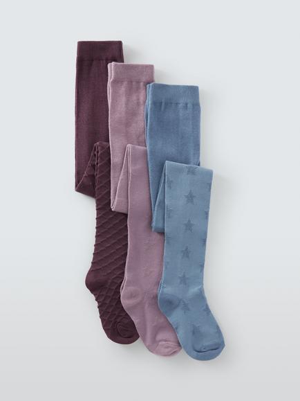 John Lewis Kids' Organic Cotton Rich Reverse Star Tights, Pack of 3, Multi, Multi