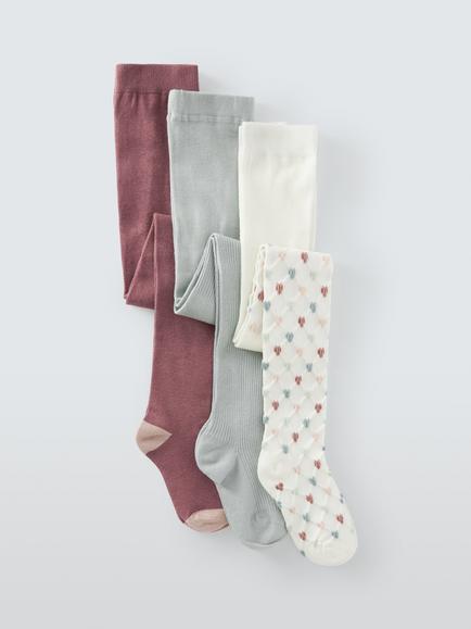 John Lewis Kids' Organic Cotton Rich Textured Hearts Tights, Pack of 3, Multi, Multi