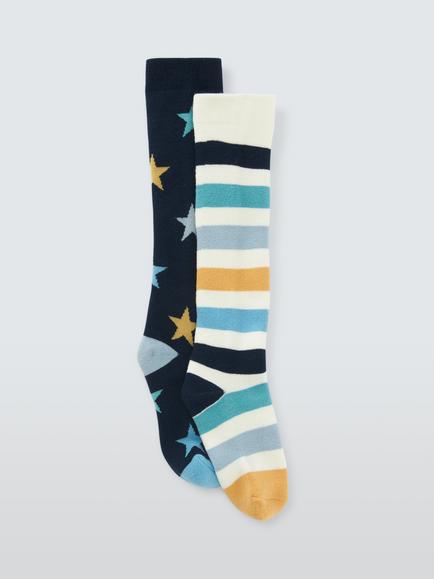 John Lewis Kids' Organic Cotton Rich Stripe & Star Welly Socks, Pack of 2, Multi, Multi