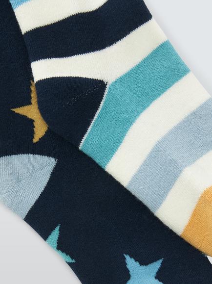 John Lewis Kids' Organic Cotton Rich Stripe & Star Welly Socks, Pack of 2, Multi - view 2, Multi